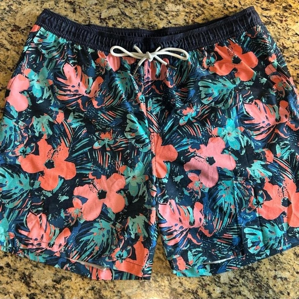 Goodfellow XL Men Hawaiian Floral Swim Trunks Teal, Blue, Pink Elastic Tie Waist
